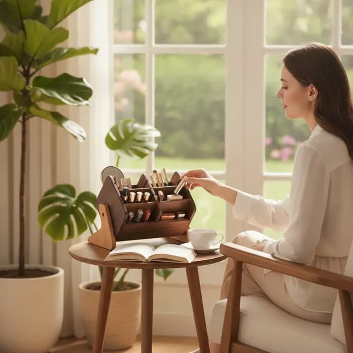 Boîte de rangement cosmétique en bois