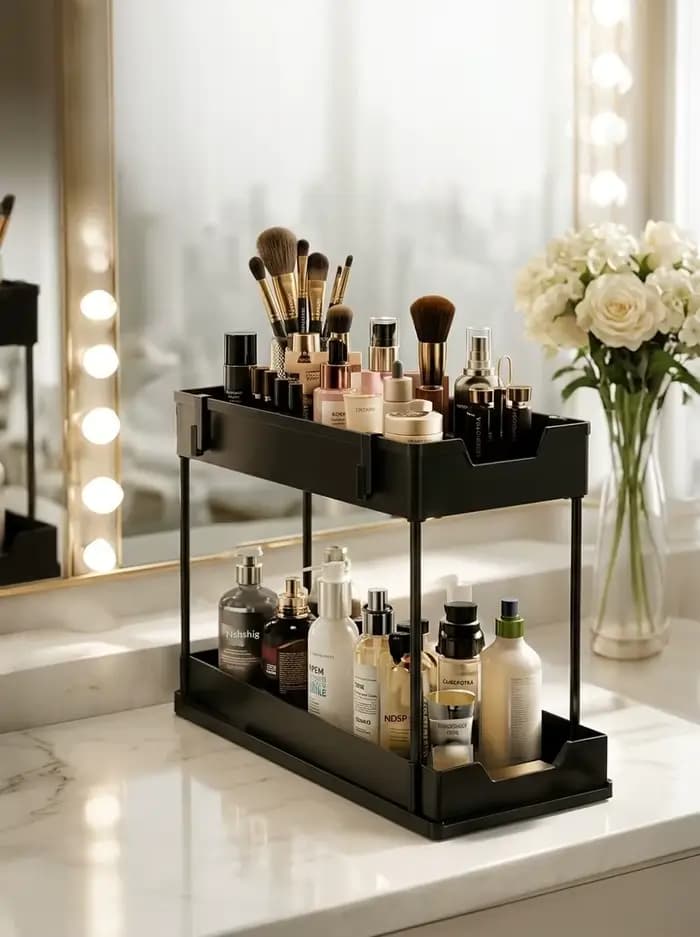 Étagère de rangement double couche sous évier, panier coulissant pour armoire, étagère de rangement avec crochets, étagère de rangement pour comptoir de salle de bain et de cuisine