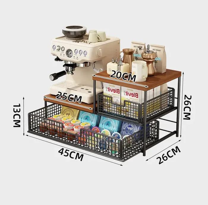 Organisateur de comptoir de cuisine peu encombrant avec tiroir et panier en fil métallique - Étagère robuste en bois dur pour machine à café.
