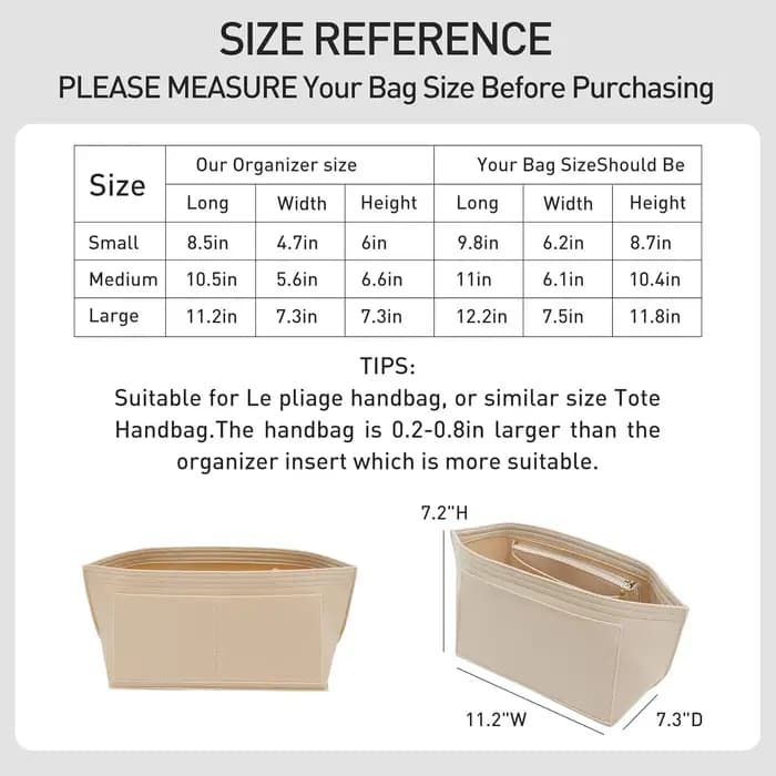 Insert organisateur pour sac fourre-tout Longchamp Le Pliage L et sac à main M