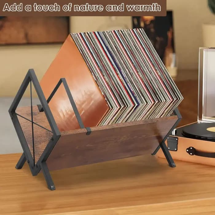 Étagère de rangement pour disques vinyles en bois et métal