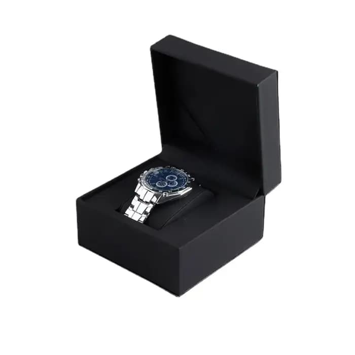 Boîte de rangement de montre à clapet carré en cuir PU noir mat