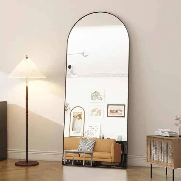 Miroir pleine longueur arqué sur pied, miroir Leautobloquant, cadre en aluminium, décoration d'intér
