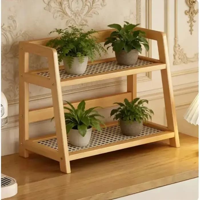 Étagère de rangement rétro en bambou à 2 niveaux