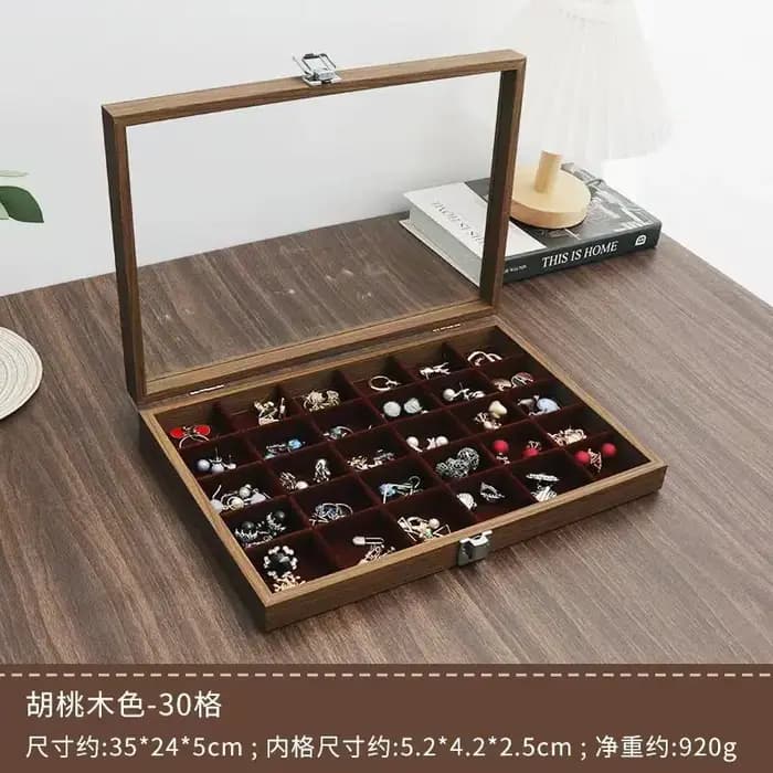 Boîte de rangement à bijoux grande capacité motif noyer avec couvercle en verre transparent pour boucles d'oreilles