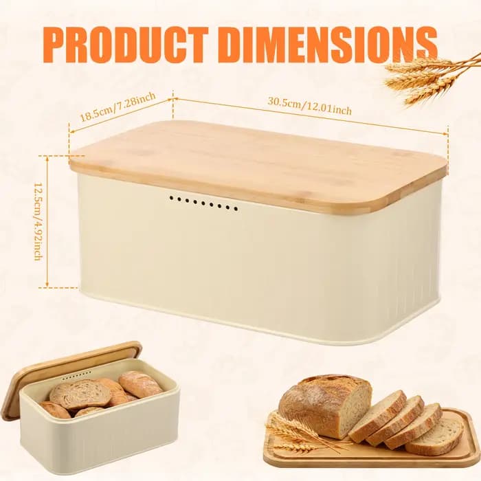 Boîte à pain en métal avec trous de ventilation, récipient de rangement pour le pain, couvercle en bambou, forme carrée, préservation de la fraîcheur