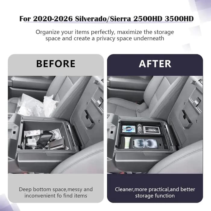 Boîte de rangement pour accoudoir pour Silverado/Sierra 1500 2019-2026