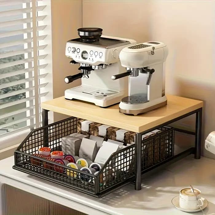Maximisez l'espace ! Étagère robuste en bois dur avec tiroir et panier en fil métallique. Parfait pour une machine à café. Élégant et compact.