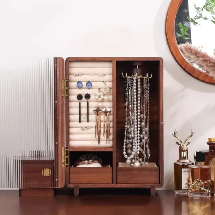 Armoire de rangement de bijoux vintage en bois massif
