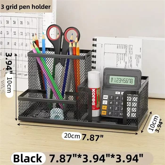 Organisateur de bureau en maille noire avec porte-crayons et paniers de rangement