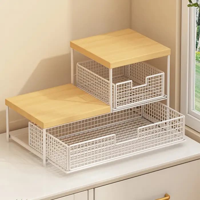 Organisateur de comptoir de cuisine peu encombrant avec tiroir et panier en fil métallique - Étagère robuste en bois dur pour machine à café.
