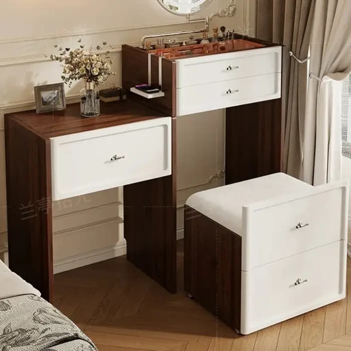 Coiffeuses vintage avec rangement intégré, établis de travail, tables de toilette assorties, tables de chevet, mobilier hôtelier