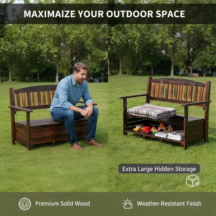 Banc de rangement extérieur en bois, chaise de jardin style assise, mobilier en bois pour patio et j