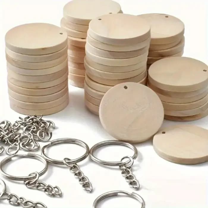 Disques ronds en bois avec porte-clés, étiquettes en bois avec trou de rappel, calendrier d'enregistrement, copeaux de bois, artisanat de bricolage, 150 pièces/boîte
