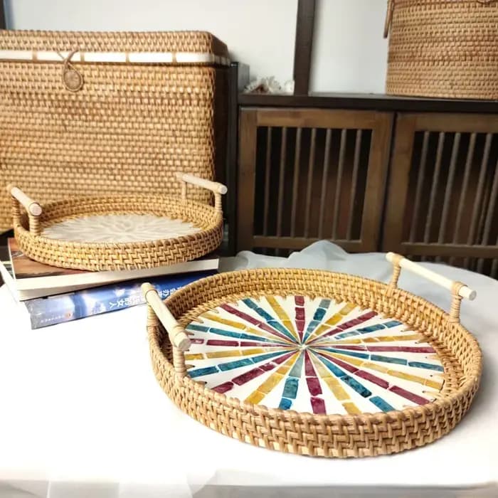 Plateau de rangement rond en rotin créatif, coquille naturelle, panier en rotin avec poignée, décoration, rangement de bijoux, organisateur de salon