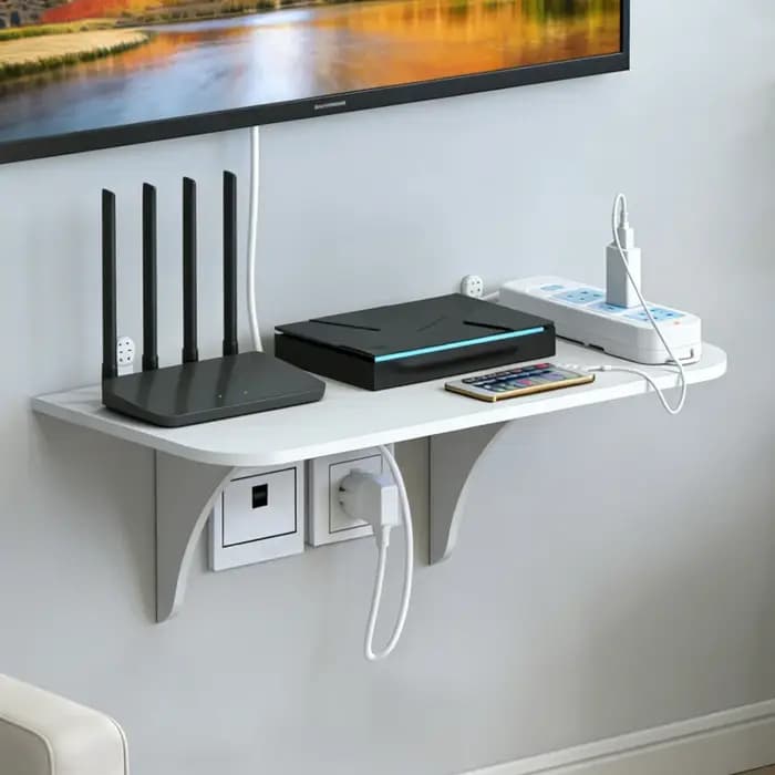 Étagère murale flottante avec crochet Routeur Caméra Barre d'alimentation Projecteur Décodeur Support de rangement suspendu Organisateur de bureau à domicile
