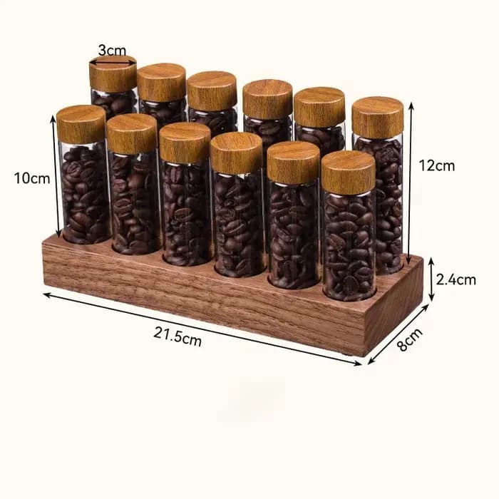 Bouteille distributrice de café, Base en noyer, Tube à essai de stockage en verre de 22g, présentoir