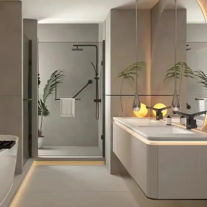 Meuble de salle de bain de luxe avec lavabo en bois de chêne peint