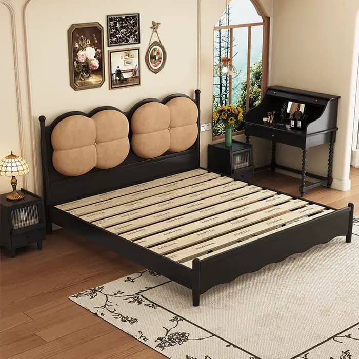 Lit en bois massif 150x200cm pour 2 personnes, avec tête de lit design, style nordique, avec rangeme