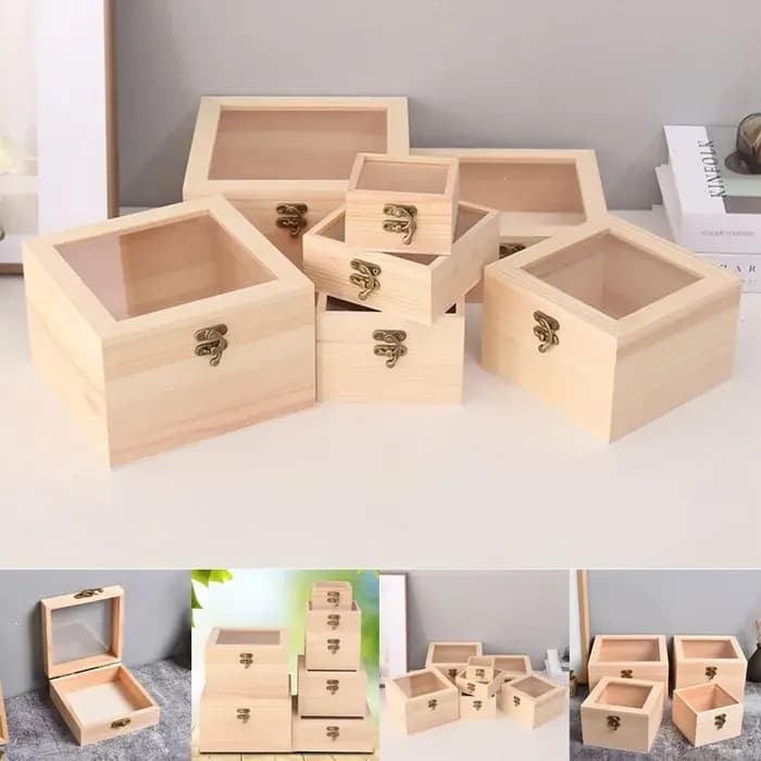 Boîtes de rangement carrées à charnière en bois