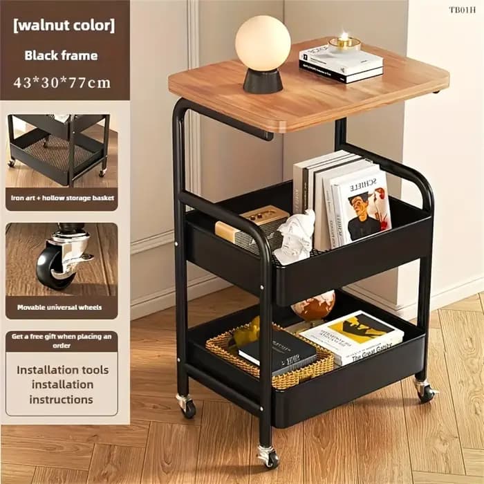 Étagère de rangement mobile à 3 niveaux avec plateau en bois massif