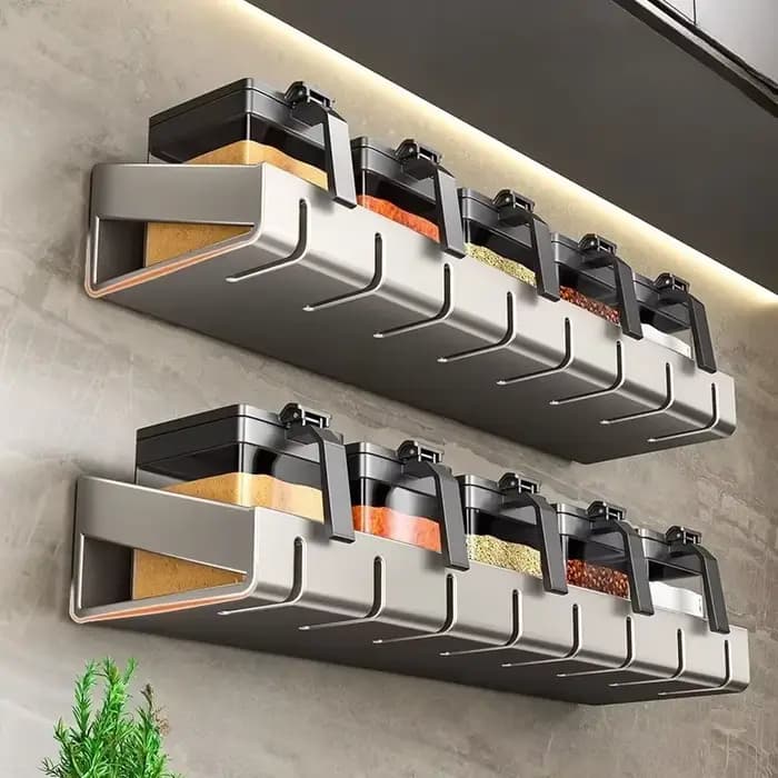 Étagère murale de rangement pour épices et condiments avec crochets suspendus