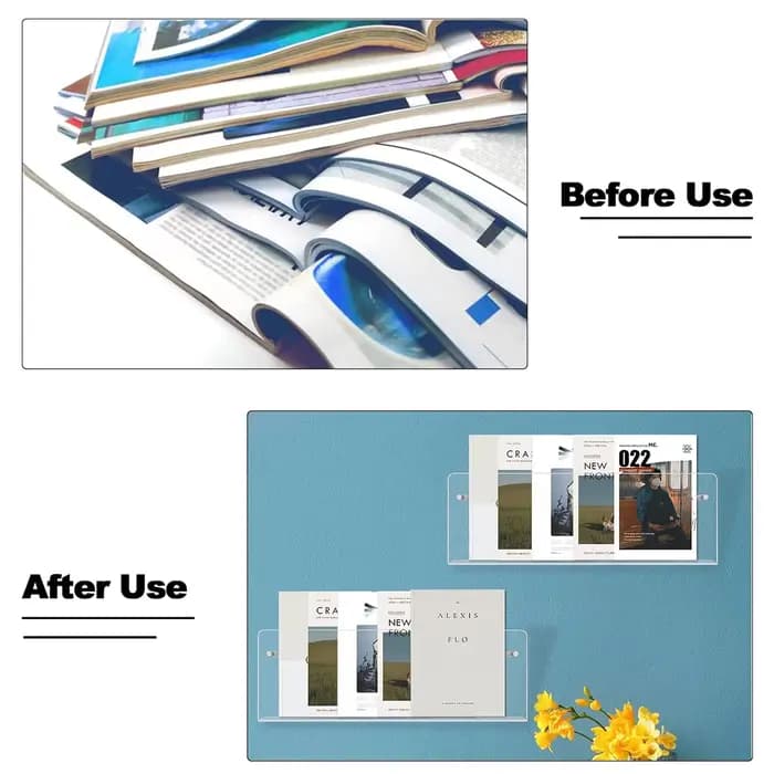 Présentoir mural en acrylique transparent pour magazines