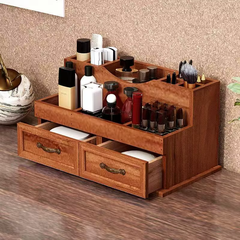 Organisateur de bureau en bois d'inspiration vintage – Vieurs compartiments pour cosmétiques et four