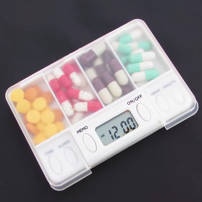 Pilulier à 4 compartiments pour médicaments, boîte de rangement électronique avec minuterie et alarm