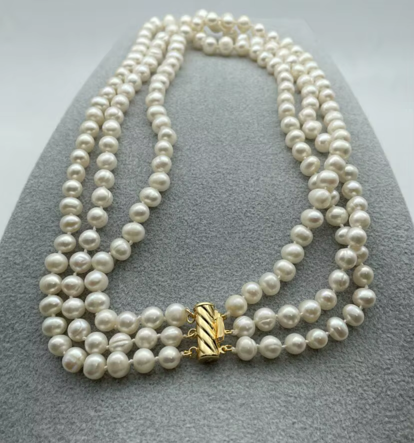 Collier de perles blanches d'eau douce naturelles à 3 rangées de 7 à 8 mm, 17-19 pouces