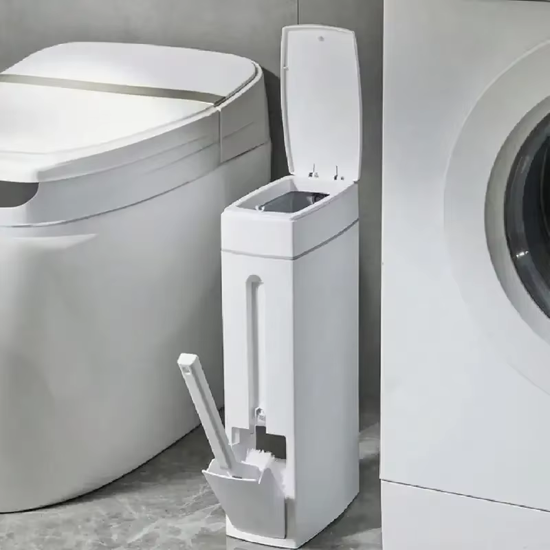 Poubelle de salle de bain peu encombrante, design étroit avec couvercle et brosse WC intégrée, acces