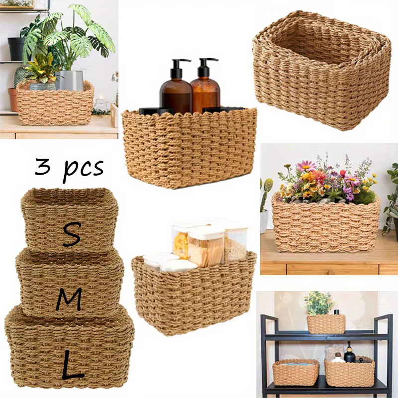 Ensemble de 3 paniers de rangement tressés, boîtes de rangement pour accessoires de maquillage, orga