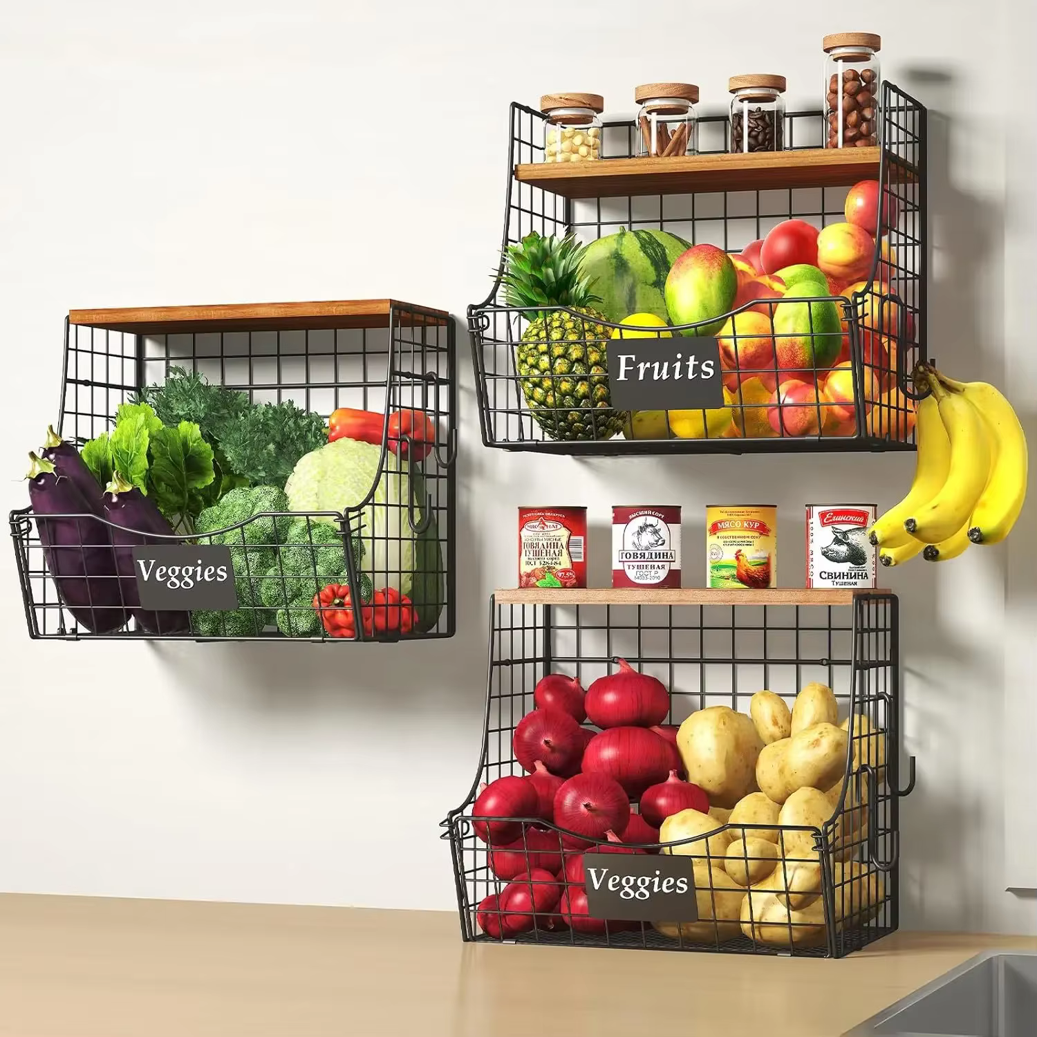 Support de rangement pliable en fer avec étagère en bois, panier à fruits de cuisine mural, organisa