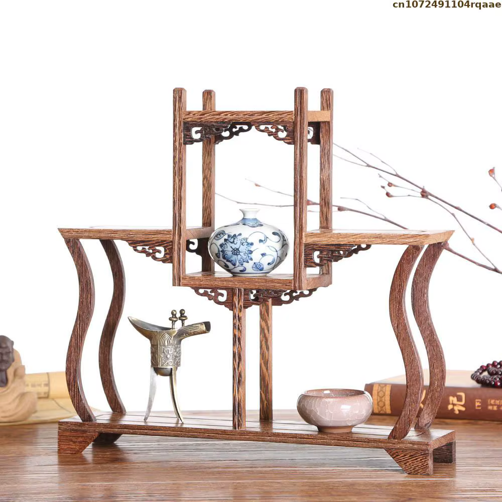 Présentoir en bois vintage, petite étagère multi-niveaux pour théière, vase, figurine et bibelots, s
