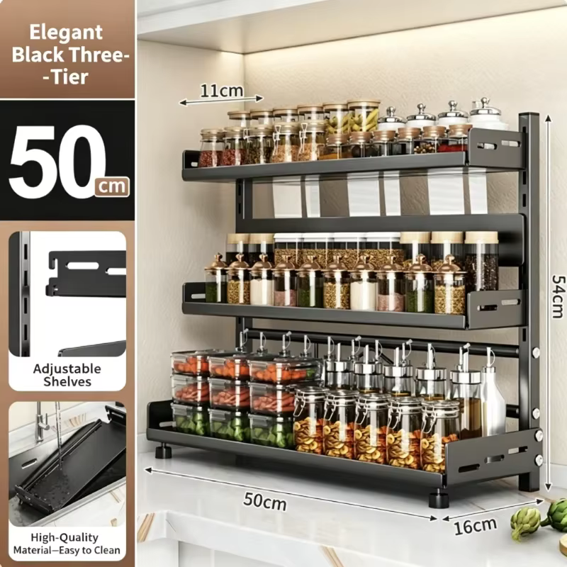 Étagère de comptoir en métal noir à 3 niveaux de 50 cm, organisateur multi-niveaux réglable pour la 