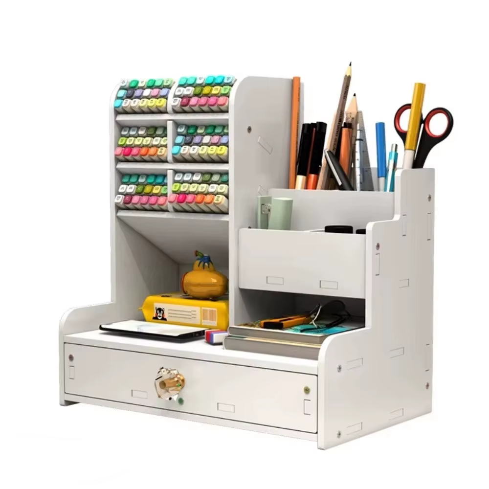 Porte-crayons de bureau avec tiroir, grande capacité, organisateur de bureau multifonction, blanc, f