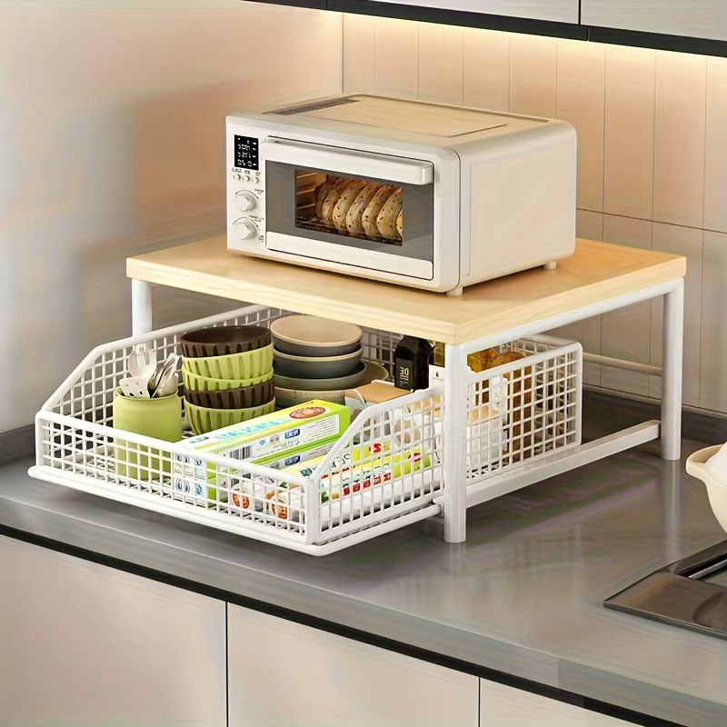 Organisateur de comptoir de cuisine robuste en bois dur, gain de place, avec tiroir et panier en fil