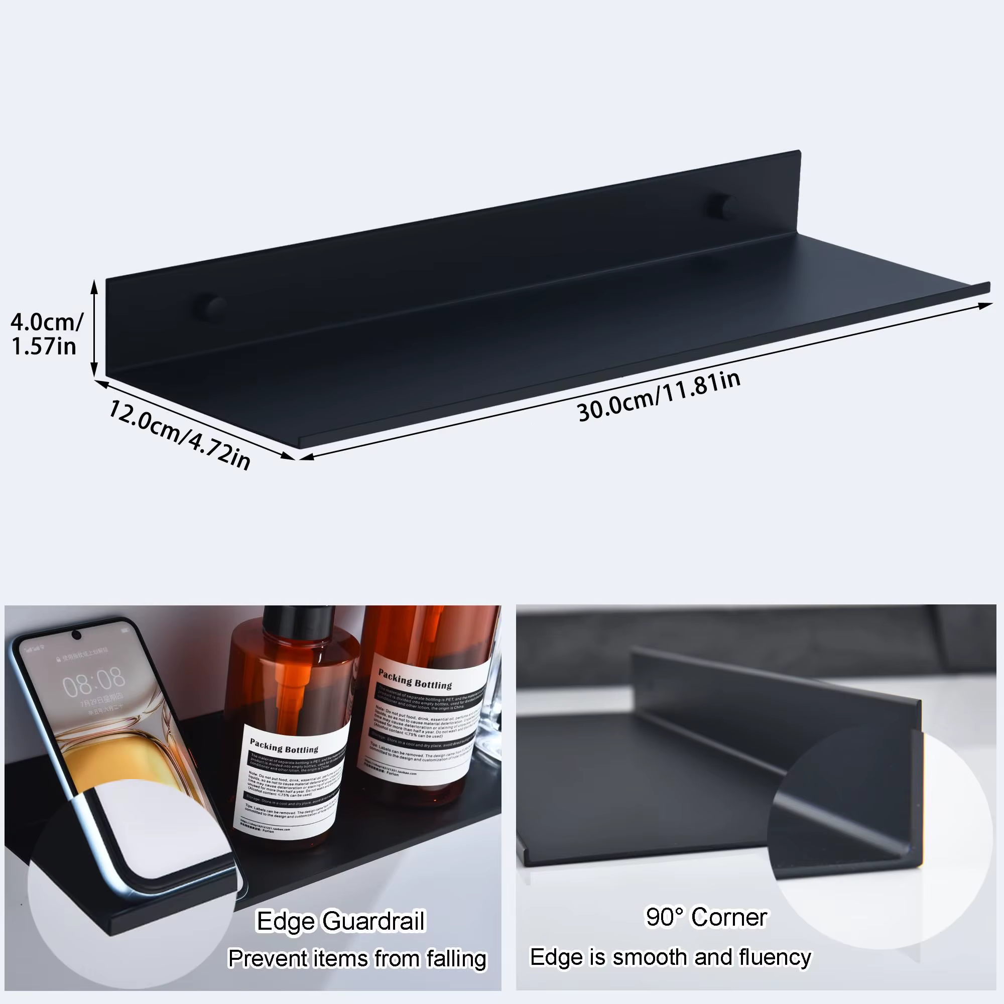 30/40 / 50 cm  Plateau de paroi  Métal  Étagères flottantes de salle de bain  Pas de perceuse  Miroi