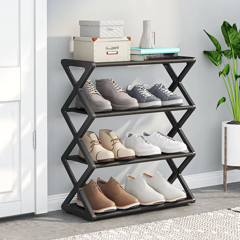 Étagère à chaussures multicouche et peu encombrante de type X à 4 couches, étagère à chaussures Simp
