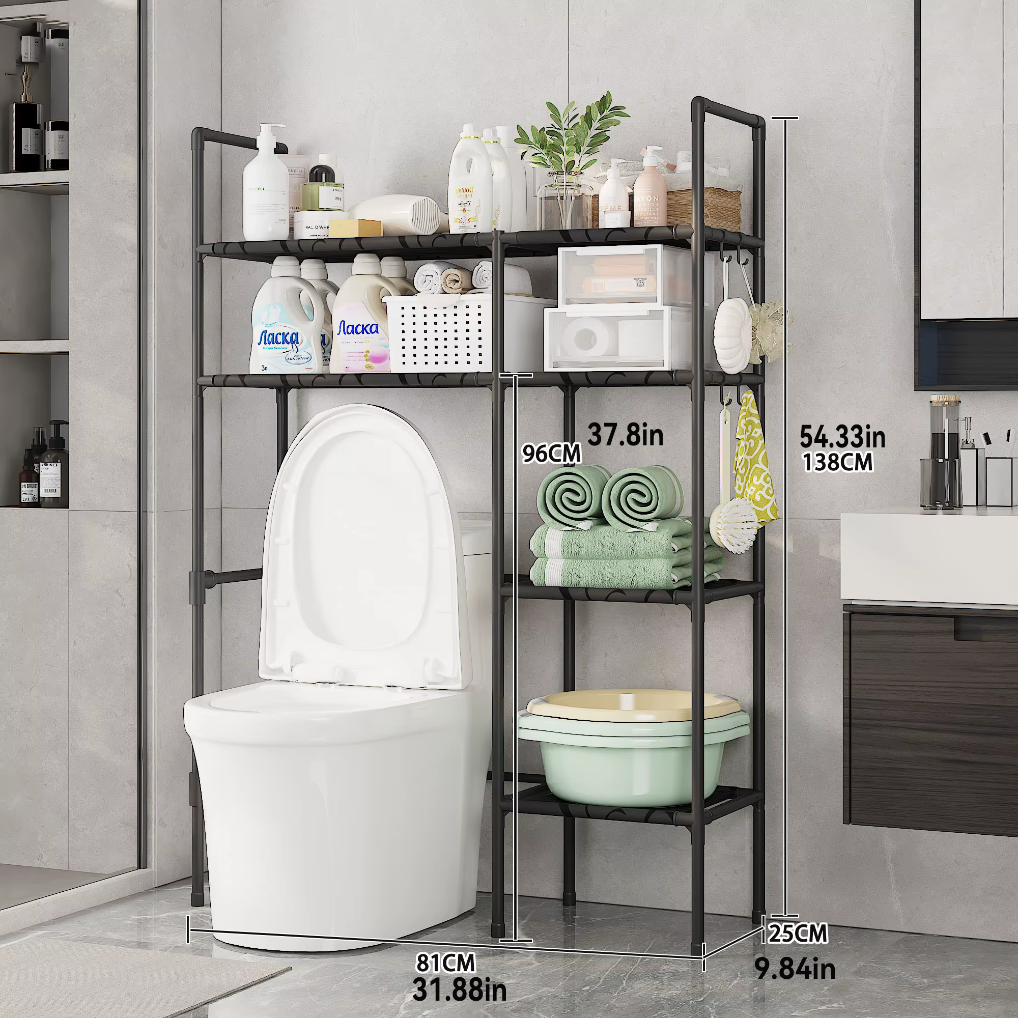 Armoire de rangement pour salle de bain à 2/3 niveaux – Étagère de rangement peu encombrante, au-des