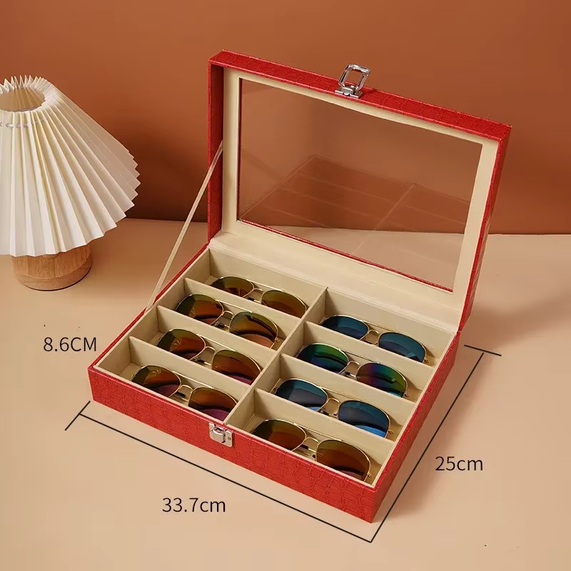 Boîte de rangement pour lunettes de soleil en cuir, multi-compartiments, grande capacité, organiseur