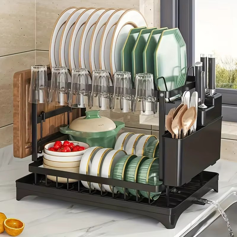 Égouttoir à vaisselle double couche 1 pièce, support de rangement de cuisine pour baguettes, tasses 