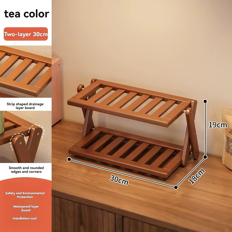 Étagère pliable en bambou, robuste, rétro, à 2 niveaux, pour tasses, multi-usages, pour petits espac