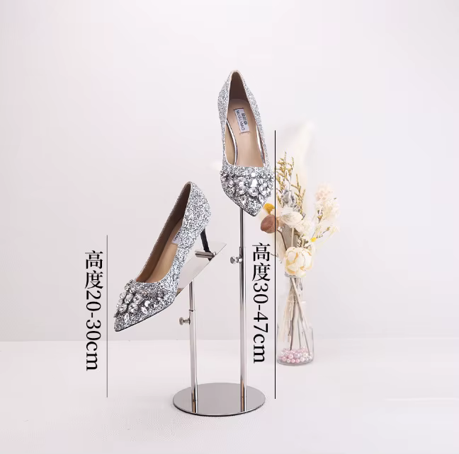 Présentoir à chaussures pour la vente au détail, acier inoxydable recommandé, dessus seau, double tê