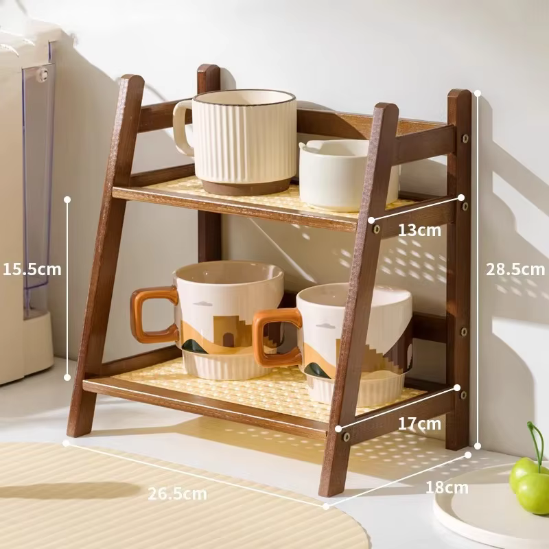 Organisateur de comptoir à 2 niveaux en bambou - Étagère multifonctionnelle pour porte-tasses à café