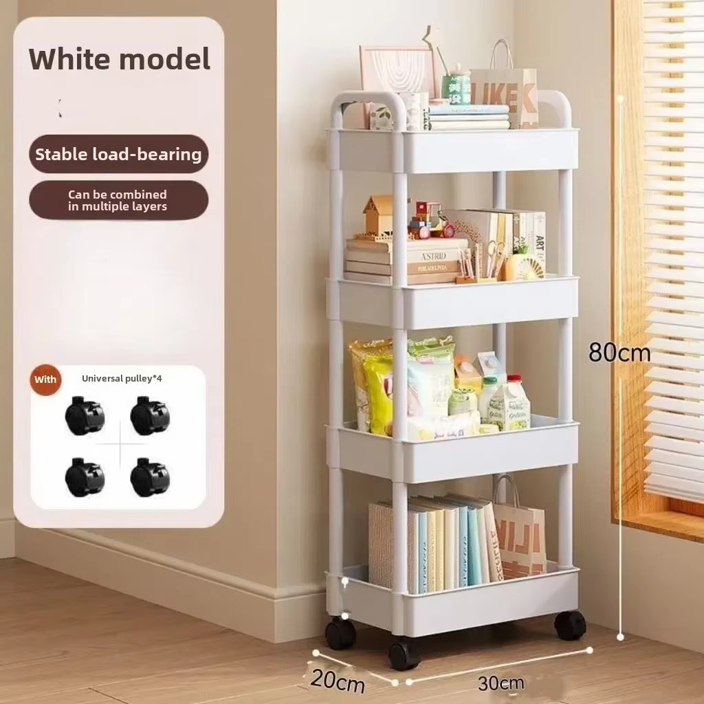 Chariot de rangement multifonctionnel blanc à roulettes : Étagères ouvertes pour espaces de vie, pré