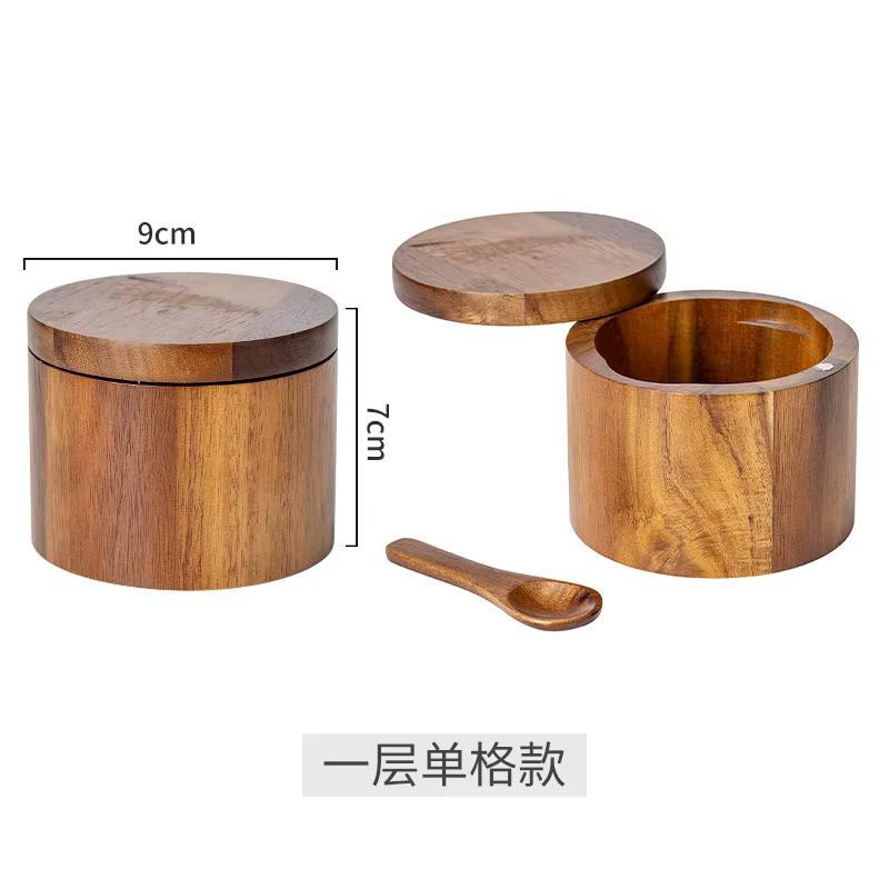 Cave à Sel en Bois avec Cuillère, Récipient Rond à Condiments, Récipient à Épices, Closure à Comcuss