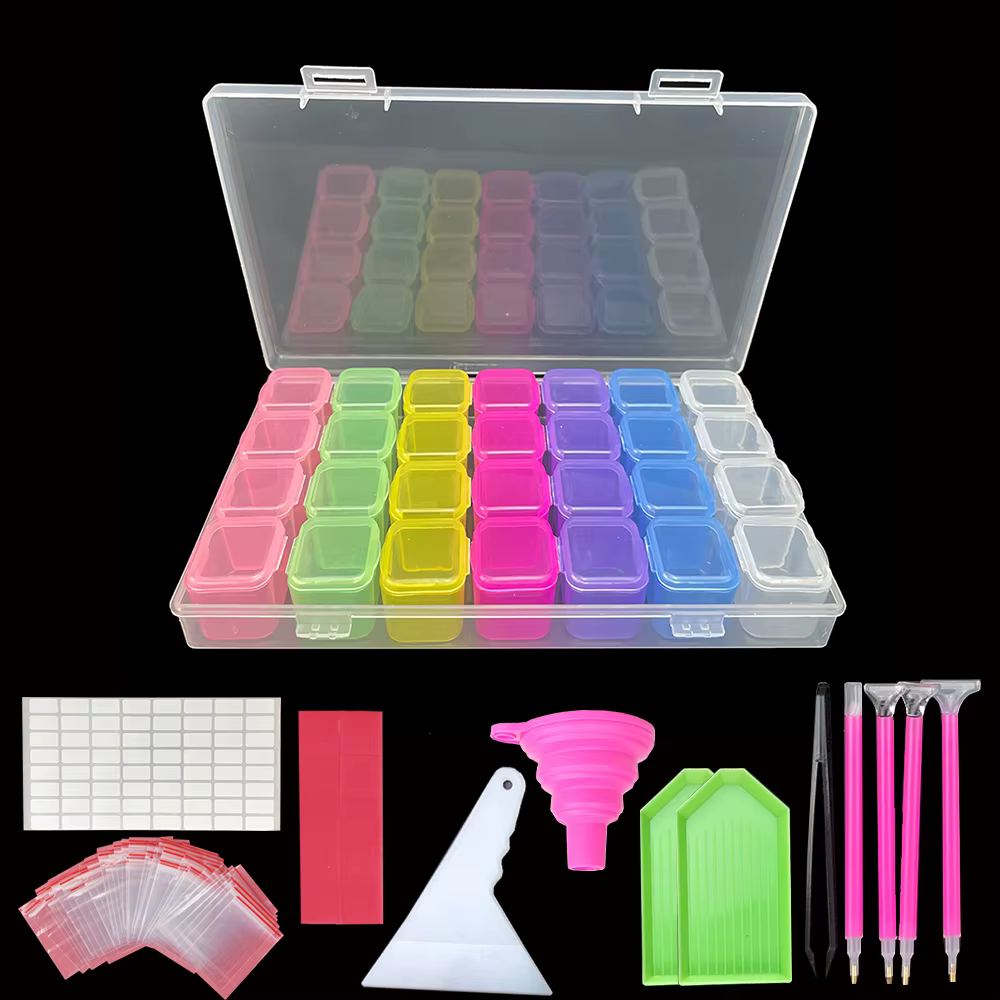 Boîte de rangement pour outils de peinture diamant, 28 grilles, avec entonnoir autocollant, stylo, p