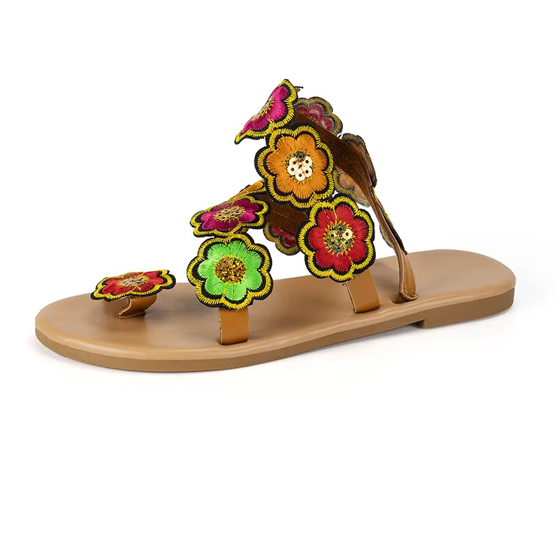 Sandales plates vertes à fleurs pour femme, style bohème, idéales pour les voyages et les vacances, 