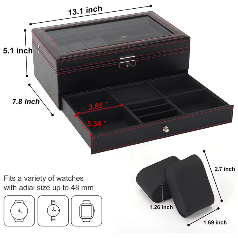 Boîte de montre verrouillable pour homme, boîte à bijoux avec 6 emplacements, étui à lunettes de sol